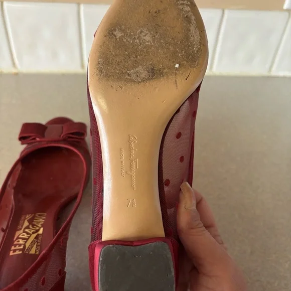 Salvatore Ferragamo Satin Vara Bow Mesh Polka Dot Preppy Luxury Office Heels 7.5 - Picture 8 of 9